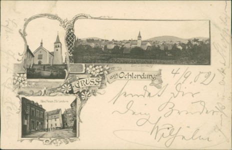 Alte Ansichtskarte Gruss aus Ochtendung, Kirche, Totalansicht, Kaufhaus Kallenborn