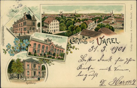 Alte Ansichtskarte Gruss aus Varel, Post, Landwirtschaftsschule, Rathaus