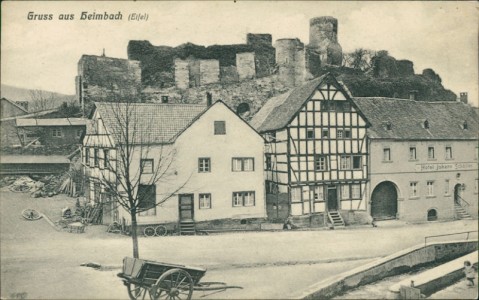 Alte Ansichtskarte Gruss aus Heimbach (Eifel), Teilansicht mit Hotel Johann Schöller