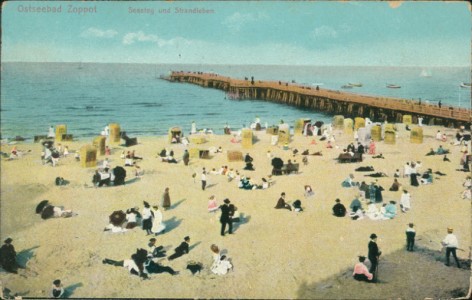 Alte Ansichtskarte Ostseebad Zoppot, Seesteg und Strandleben