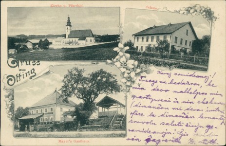 Alte Ansichtskarte Gruss aus Otting, Kirche u. Pfarrhof, Schule, Mayer's Gasthof