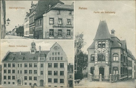 Alte Ansichtskarte Rehau, Bahnhofstrasse, Partie am Sattelberg, Neues Schulhaus