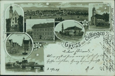 Alte Ansichtskarte Gruss aus Oettingen a/R., Protest. Kirche, Kathol. Kirche, Fürstl. Schloss, Lehrertöchterheim, Marktplatz mit Rathaus, Neue Wörnitzbrücke