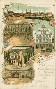 Alte Ansichtskarte Gruss aus Ingolstadt, Gasthaus z. Colosseum v. A. Donath, Grosser Saal, Kegelbahn (heizbar), Kleiner Saal mit Theater