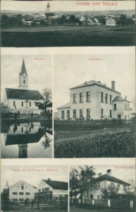 Alte Ansichtskarte Gruss aus Thann, Gesamtansicht, Kirche, Schulhaus, Partie mit Handlung u. Gasthaus, Expositus Haus