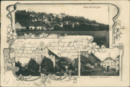 Alte Ansichtskarte Ober-Elchingen, Gesamtansicht, Kirche, Eingang z. Klosterhof