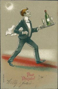 Alte Ansichtskarte Prosit Neujahr!, Kellner serviert Wein