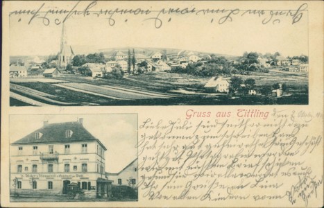 Alte Ansichtskarte Gruss aus Tittling, Gesamtansicht, H. Maier's Brauerei u. Gasthof zur Post