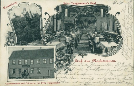 Alte Ansichtskarte Gruß aus Nordstemmen, Gastwirtschaft und Gärtnerei von Fritz Tangermann, Fritz Tangermann's Saal, Marienburg