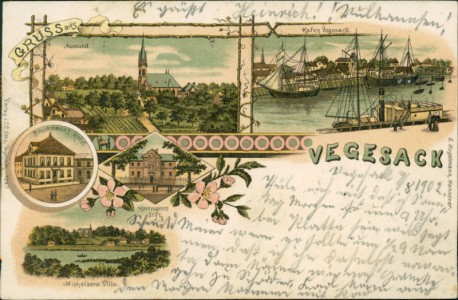 Alte Ansichtskarte Gruss aus Vegesack, Aumund, Hafen Vegesack, Brockmann's Hotel,Hartmann's Stift, Michelsens Villa