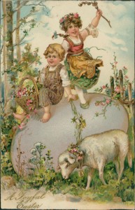 Alte Ansichtskarte A Joyful Easter, Kinder mit Riesen-Osterei und Lamm