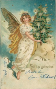 Alte Ansichtskarte Fröhliche Weihnachten!, Engel mit Weihnachtsbaum