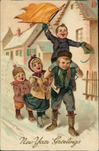 Alte Ansichtskarte New Year Greetings, Kinder im Schnee mit Fahne