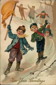 Alte Ansichtskarte New Year Greetings, Kinder auf der Rodelbahn