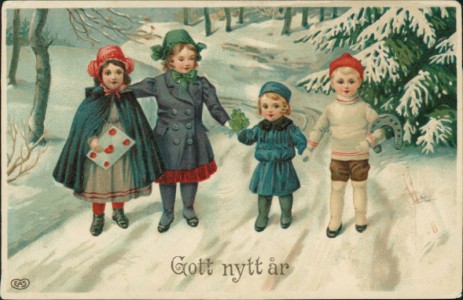 Alte Ansichtskarte Gott nytt år, Kinder im Schnee