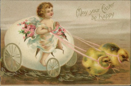 Alte Ansichtskarte May your Easter be happy, Engelchen fährt in Osterei-Kutsche gezogen von Küken