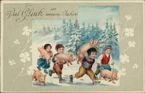 Alte Ansichtskarte Viel Glück im neuen Jahre, Kinder mit Schweinen