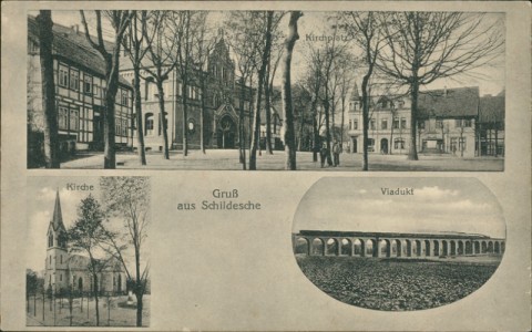 Alte Ansichtskarte Gruß aus Schildesche, Kirchplatz, Kirche, Viadukt