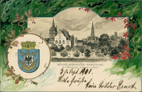 Alte Ansichtskarte Wilhelmshaven, Marktplatz mit Rathaus, Kirche u. Post