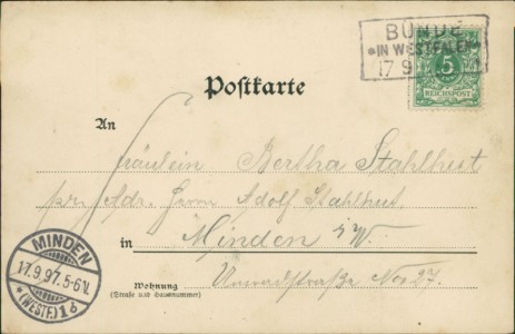 Adressseite der Ansichtskarte Gruss aus Bünde, Kriegerdenkmal, Stadtgarten, Eschstrasse, Postgebäude, Am Brunnen