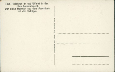 Adressseite der Ansichtskarte Die lustigen Bauern auf der Fahrt von Porta-Westfalica über Berlin nach Wien, Taun Andenken an use Utfahrt in der ollen Landesdracht. Der dicke Heinrich aus dem Weserthale mit den Seinigen