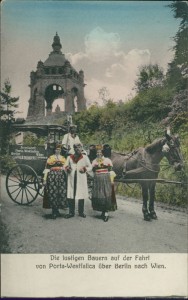 Alte Ansichtskarte Die lustigen Bauern auf der Fahrt von Porta-Westfalica über Berlin nach Wien, Taun Andenken an use Utfahrt in der ollen Landesdracht. Der dicke Heinrich aus dem Weserthale mit den Seinigen