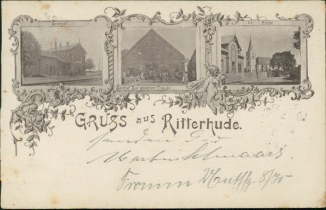 Alte Ansichtskarte Gruss aus Ritterhude, Bahnhof, Gasthof Zur goldenen Traube, Kirche
