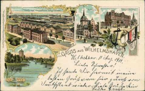 Alte Ansichtskarte Gruss aus Wilhelmshaven, Werft vom Wasserturm aufgenommen, Rathaus, Kaiserliche Post, Park
