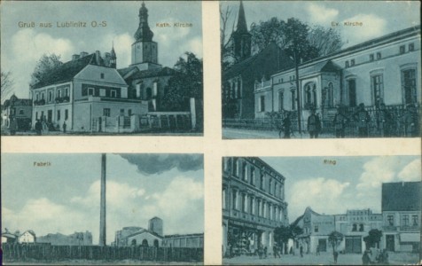 Alte Ansichtskarte Gruß aus Lublinitz O.-S, Kath. Kirche, Ev. Kirche, Fabrik, Ring