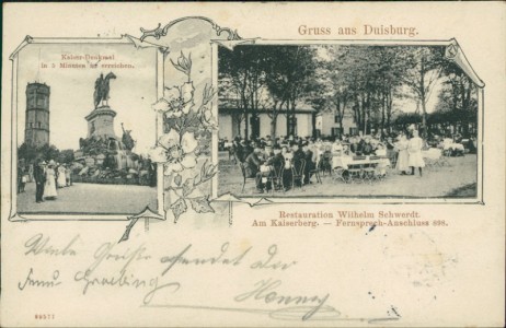 Alte Ansichtskarte Gruss aus Duisburg, Restauration Wilhelm Schwerdt. Am Kaiserberg. Fernsprech-Anschluss 898