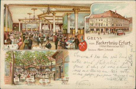 Alte Ansichtskarte Erfurt, Gruss vom Hackerbräu (Hotel Rheinischer Hof). Besitzer: Albert Schmidt