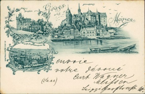 Alte Ansichtskarte Gruss aus Meissen, Burgtor, Albrechtsburg, Kgl. Porzellanmanufactur