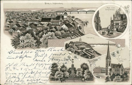 Alte Ansichtskarte Gruss aus Graudenz, Blick v. Schlossberg, Post in der Börgenstrasse, Schlossberg, Courbière Denkmal, neue evangel. Kirche
