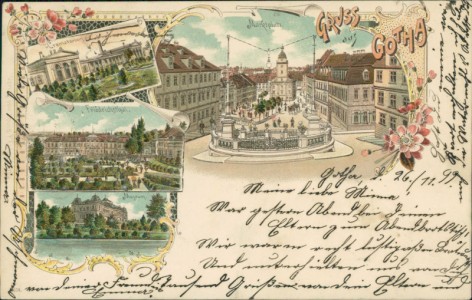 Alte Ansichtskarte Gruss aus Gotha, Crematorium, Marktplatz, Friedrichsthal, Museum