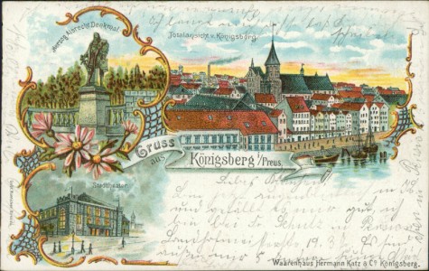Alte Ansichtskarte Gruss aus Königsberg i/Preus., Herzog Albrecht Denkmal, Totalansicht v. Königsberg, Stadttheater