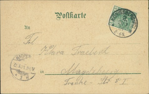 Adressseite der Ansichtskarte Gruss aus Königsberg i/Preus., Herzog Albrecht Denkmal, Totalansicht v. Königsberg, Stadttheater