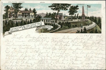 Alte Ansichtskarte Gruss vom Burgberg b. Harzburg, Hotel Burgberg, E. Behnecke, Brocken, Canossasäule