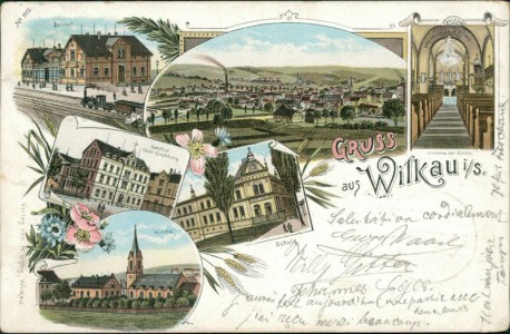 Alte Ansichtskarte Gruss aus Wilkau i/S., Bahnhof, Inneres der Kirche, Gasthof Stadt Kirchberg, Schule, Kirche