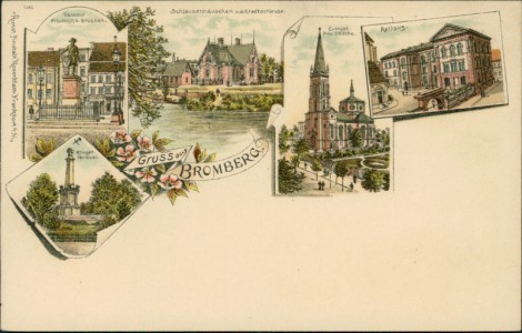 Alte Ansichtskarte Gruss aus Bromberg, Denkmal Friedrich d. Grossen, Schleusenhäuschen a. d. Stadtschleuse, Evangel. Paulskirche, Rathaus, Kriegerdenkmal