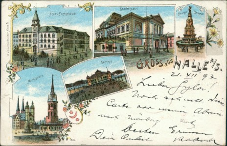 Alte Ansichtskarte Gruss aus Halle a/S., Neues Postgebäude, Stadttheater, Krieger-Denkmal, Marktplatz, Bahnhof