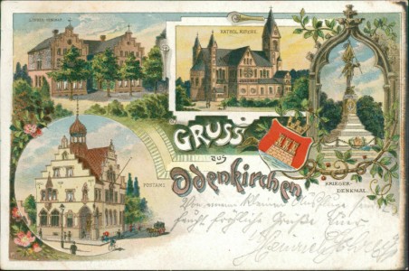 Alte Ansichtskarte Gruss aus Odenkirchen, Lehrer-Seminar, Kathol. Kirche, Postamt, Krieger-Denkmal
