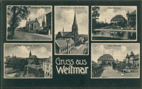 Alte Ansichtskarte Gruss aus Weitmar, Amtshaus u. Hattingerstr., Wilhelmstr. u. kath. Kirche, Haus Weitmar, Weitmar mit evang. Kirche