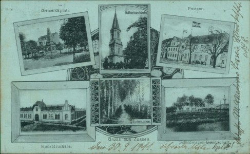 Alte Ansichtskarte Gruss aus Zossen, Bismarckplatz, Katharinenkirche, Postamt, Kunstdruckerei, Birkenallee, Schlafwagen-Gesellschaft