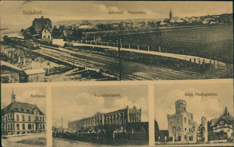 Alte Ansichtskarte Duisdorf, Bahnhof, Panorama, Rathaus, Porzellanfabrik, Burg Medinghofen