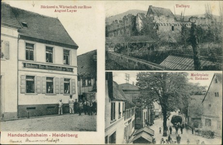 Alte Ansichtskarte Handschuhsheim - Heidelberg, Bäckerei u. Wirtschaft zur Rose August Layer, Tiefburg, Marktplatz u. Rathaus