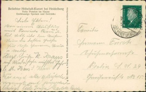 Adressseite der Ansichtskarte Heidelberg, Gasthaus und Pension Wolf am weißen Stein