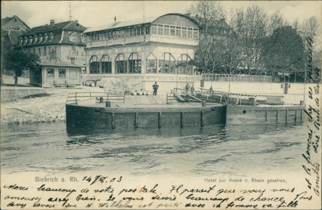 Alte Ansichtskarte Biebrich a. Rh., Hotel zur Krone v. Rhein gesehen