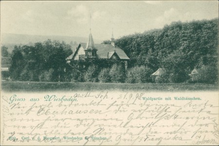 Alte Ansichtskarte Gruss aus Wiesbaden, Waldpartie mit Waldhäuschen