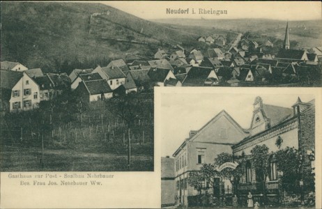 Alte Ansichtskarte Neudorf i. Rheingau, Gasthaus zur Post - Saalbau Nehrbauer Bes. Frau Jos. Nehrbauer Ww.