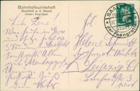 Adressseite der Ansichtskarte Saalfeld a. d. Saale, Bahnhofswirtschaft, Inhaber: Ernst Zippel